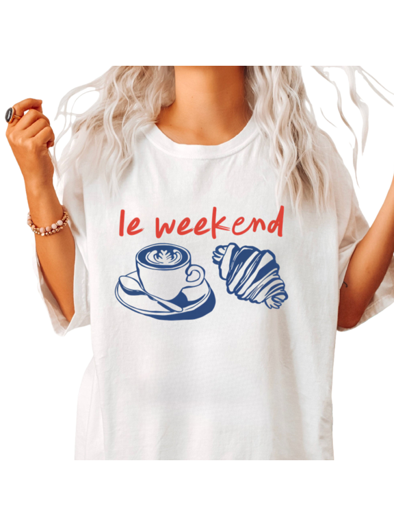 Women's Red Script Le Weekend Coffee Croissant Graphic Short Sleeve T-Shirt S-5XL White Tops