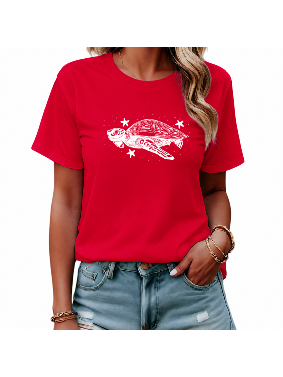 Women's Red Starry Sea Turtle Graphic Short Sleeve T-Shirt Loose Fit Top