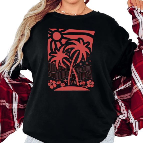 UNISHE Women's Red Tropical Palm Tree Beach Graphic Short Sleeve T-Shirt Casual Cotton Crewneck Top