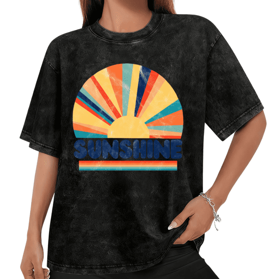 UNISHE Women's Retro 70s Sunshine Print Washed Cotton T-Shirt Crew Neck Loose Casual Graphic Tee