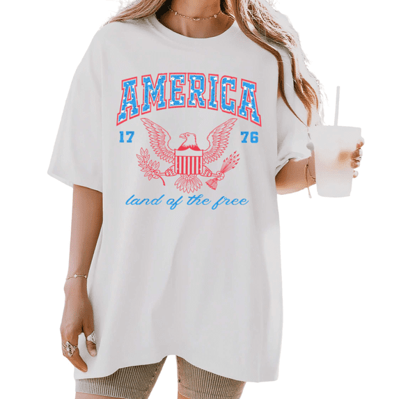 UNISHE Women's Retro "America 1776 Land of the Free" Patriotic Eagle Graphic Short Sleeve T-Shirt Casual Cotton Crewneck Top