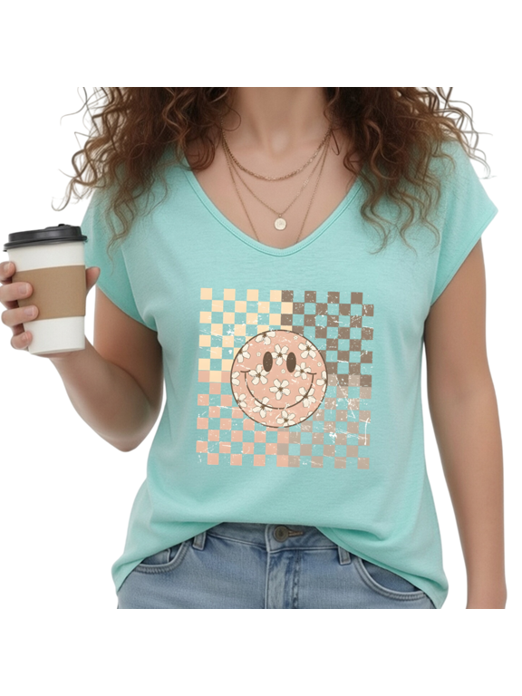 Women's Retro Checkered Smiley Face V-Neck Sleeveless T-Shirt Blue Fashion Casual Top