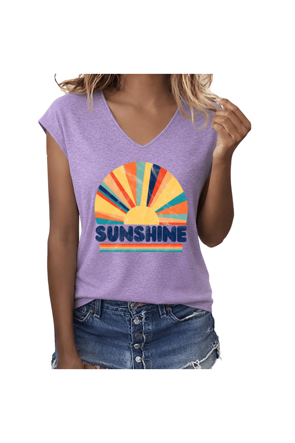 Women's Retro Distressed Sunshine Sunburst Graphic V-Neck Short Sleeve Casual Lightweight Summer Vintage Loose Fit T-Shirt Top