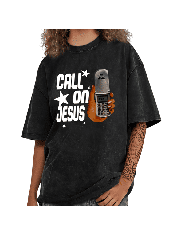 Women's Retro Flip Phone "Call on Jesus" Graphic Cotton Short Sleeve T-Shirt Washed Christian Faith Tees Tops