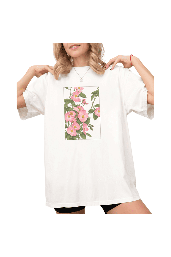 Women's Retro Frame Pink Wild Rose Vine Floral Graphic White Short Sleeve T-Shirt Holiday S-5XL Top