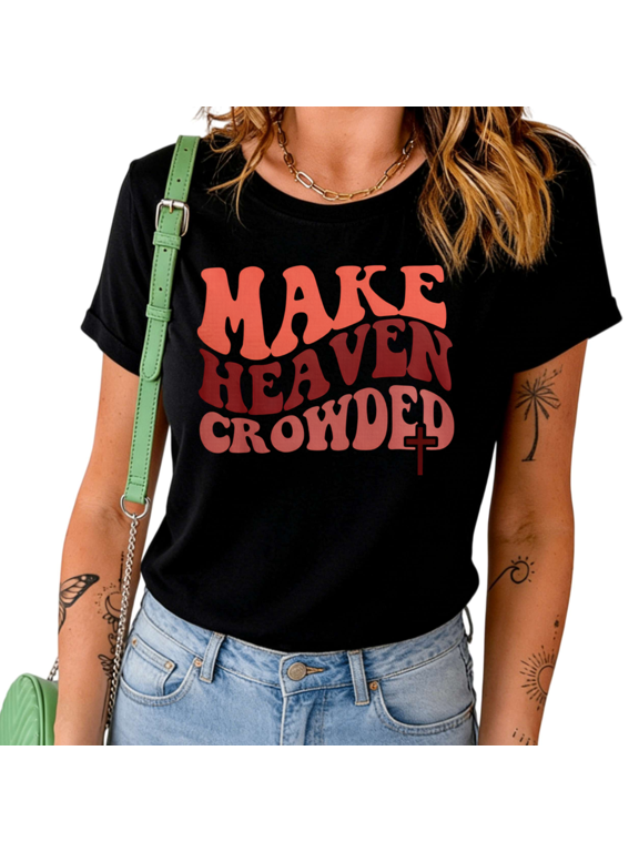 Women's Retro Gradient Bubble Font Make Heaven Crowded With Cross Symbol Graphic Short Sleeve Crewneck Cotton Casual Top