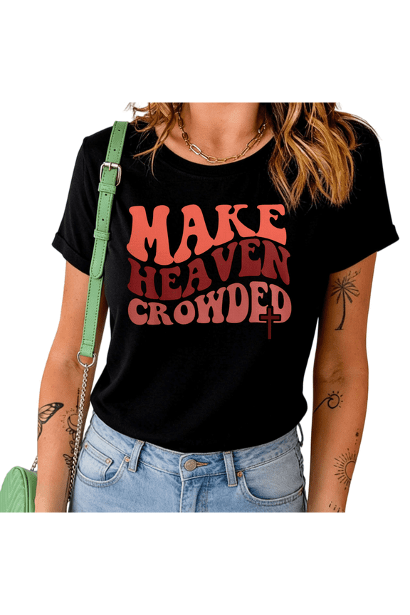 Women's Retro Gradient Bubble Font Make Heaven Crowded With Cross Symbol Graphic Short Sleeve Crewneck Cotton Casual Top