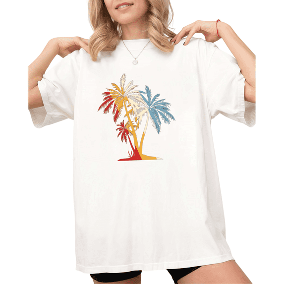 UNISHE Women's Retro Multicolor Palm Tree Tropical Beach Graphic White Holiday Short Sleeve T-Shirt Crewneck S-5XL Top