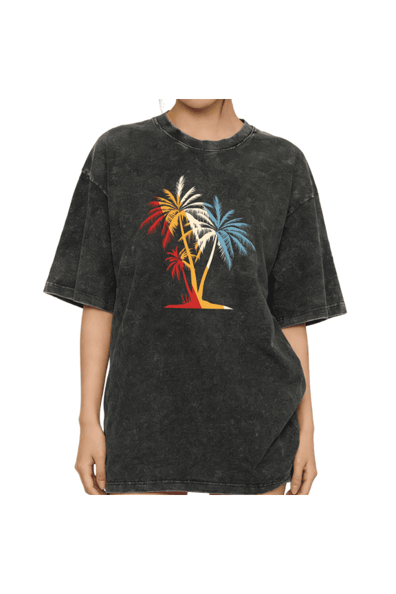 Women's Retro Multicolor Triple Palm Tree Tropical Beach Art Graphic Vintage Washed T-Shirt Short Sleeve Relaxed Fit Tee