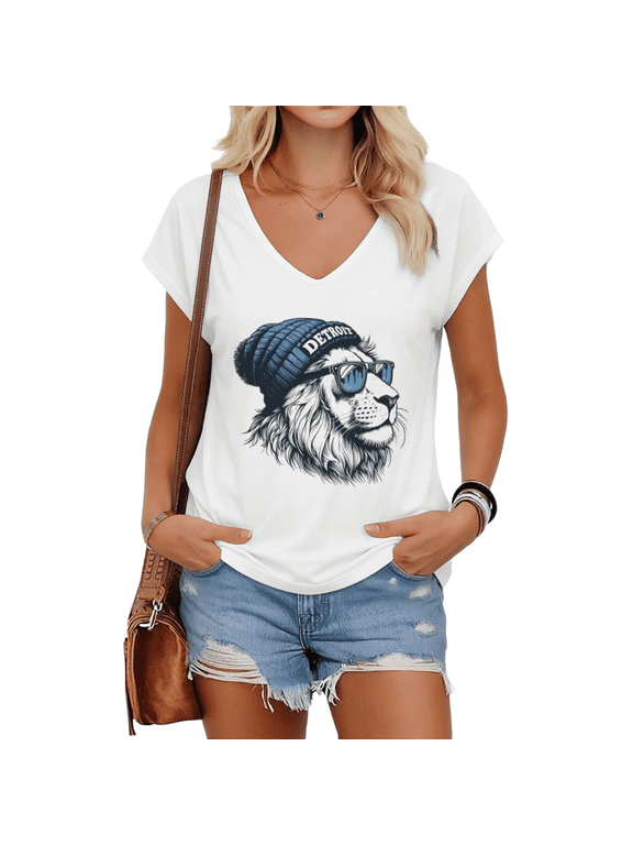 Women's Retro Sketch Cool Lion Detroit City Letter Print V-Neck Short Sleeve T-Shirts Downtown Girl Shopping Weekend Casual Style White S-5XL Tops