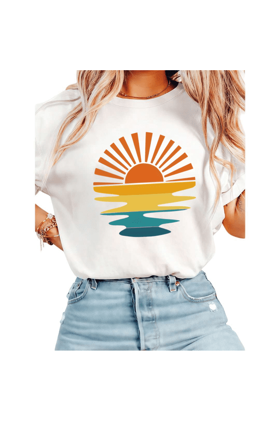 Women's Retro Sunset Ocean Graphic Short Sleeve T-Shirt Casual Cotton Crewneck Top