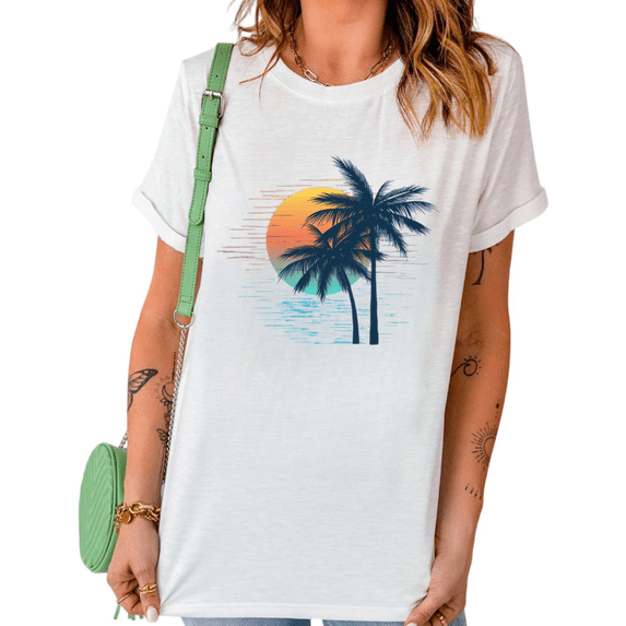 UNISHE Women's Retro Sunset Palm Tree Graphic Crew Neck Short Sleeve T-Shirt Casual Tee