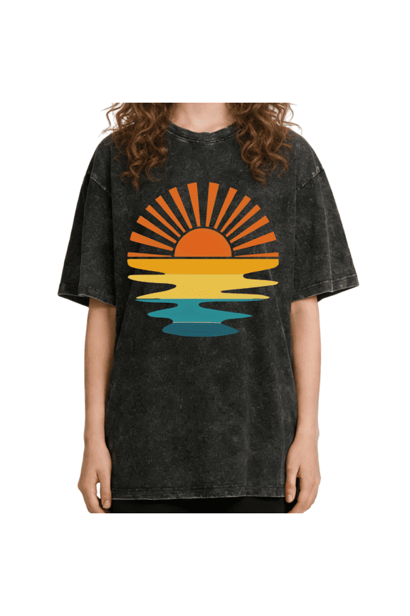 Women's Retro Sunset Reflection Vintage Washed T-Shirt Short Sleeve Distressed Relaxed Fit Tee