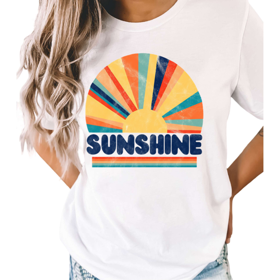 UNISHE Women's Retro Sunshine Rainbow Sunburst Graphic Short Sleeve T-Shirt Casual Cotton Crewneck Top