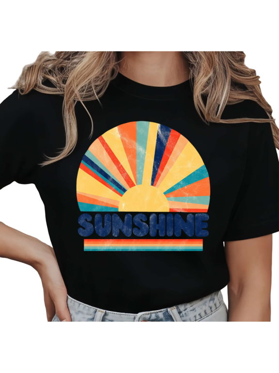 Women's Retro "Sunshine" Rainbow Sunburst Graphic Short Sleeve T-Shirt Casual Cotton Crewneck Top