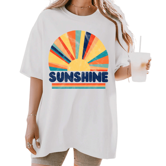UNISHE Women's Retro "Sunshine" Rainbow Sunburst Graphic Short Sleeve T-Shirt Casual Cotton Crewneck Top