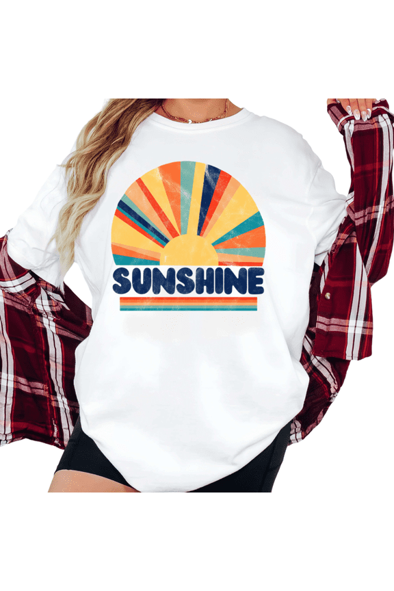Women's Retro "Sunshine" Rainbow Sunburst Graphic Short Sleeve T-Shirt Casual Cotton Crewneck Top
