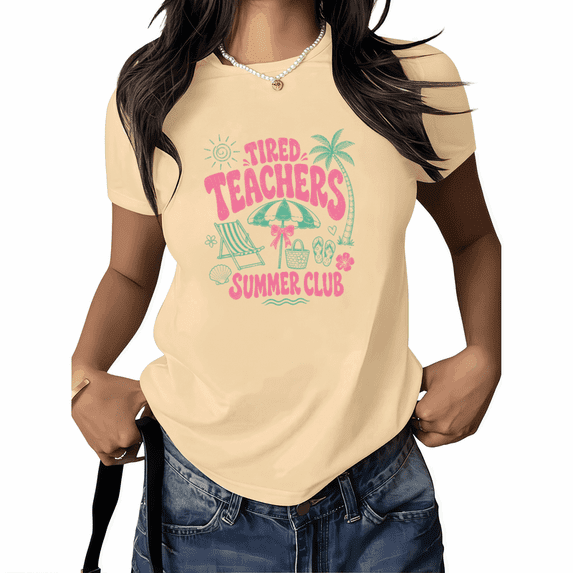 UNISHE Women's Retro Teacher Summer Club Graphic T-Shirt Cute Pink and Teal Resort Tee White Top