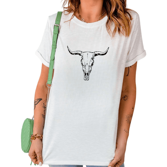 UNISHE Women's Retro Western Bull Skull Graphic Short Sleeve T-Shirt Lightweight Cotton Relaxed Fit Cowgirl Tee