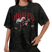 UNISHE Womens Rodeo Cowgirl Aesthetic Western Graphic Vintage Washed T-Shirt Short Sleeve Black S-2XL