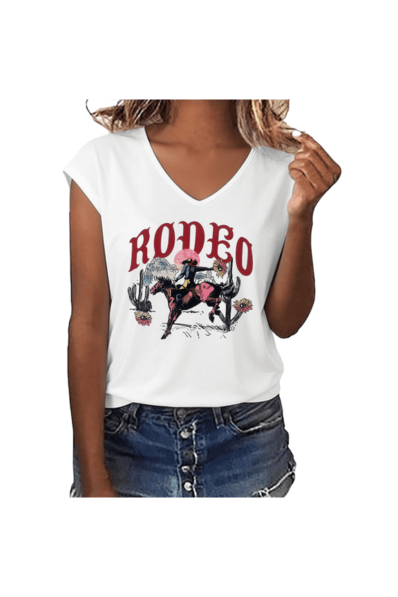 Women's Rodeo Western Cowboy Desert Cactus Floral Graphic Casual V-Neck T-Shirt Top