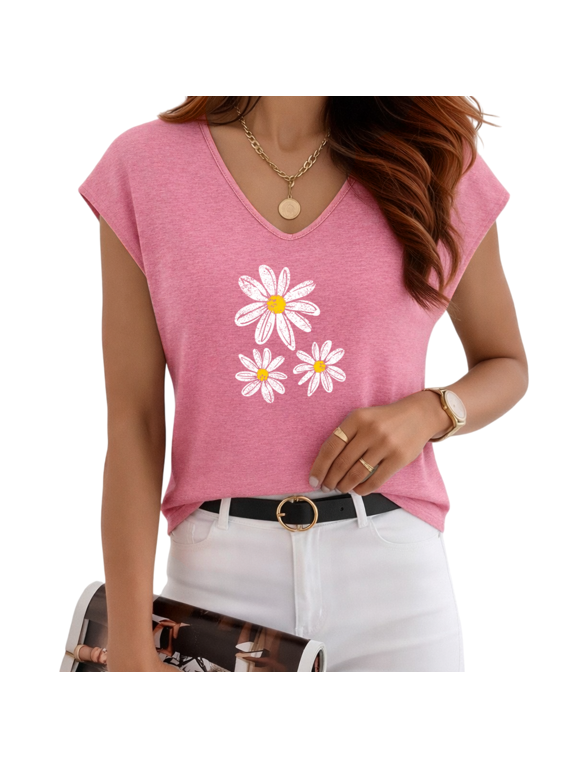 Women's Rose Red Minimalist Three Daisy Floral V-Neck Sleeveless T-Shirt Sweet Weekend S-5XL Tank Top
