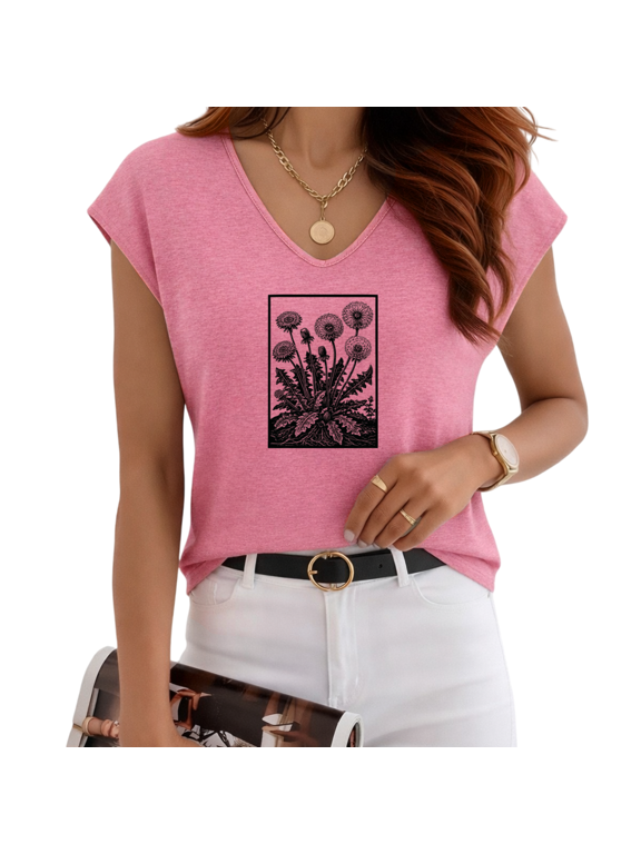 Women's Rose Red Rustic Engraved Dandelion Floral V-Neck Sleeveless T-Shirt Sweet Weekend S-5XL Tank Top
