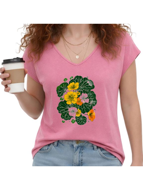 Women's Rose Red Rustic Garden Nasturtium Floral S-5XL V-Neck Sleeveless T-Shirt Sweet Weekend Tank Top