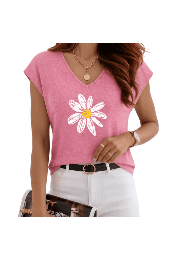 Women's Rose Red Simple Single White Daisy Floral V-Neck Sleeveless T-Shirt Sweet Weekend S-5XL Tank Top