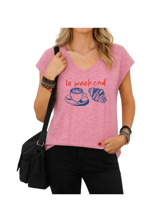 Women's Rose Red V-Neck Sleeveless Tank Top with Le Weekend Coffee Croissant Art Print