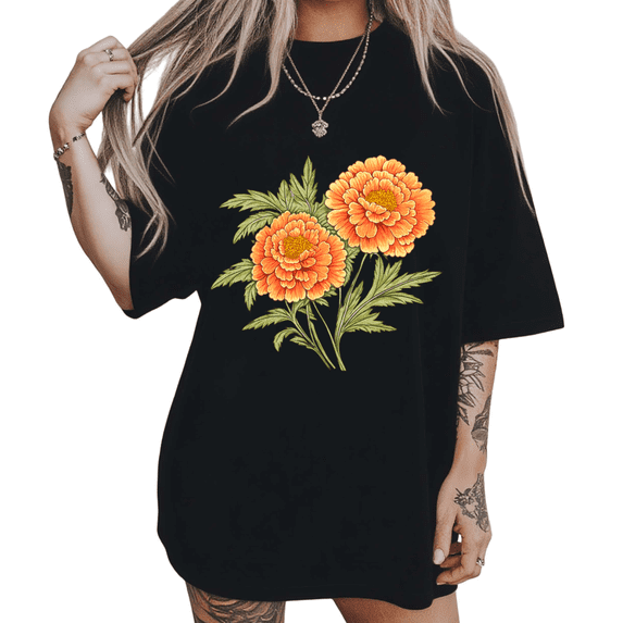 UNISHE Women's Rustic Hand Drawn Marigold Bloom Floral Graphic Short-Sleeve T-Shirt Black Size S-5XL Crewneck Tops