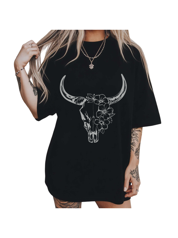 Women's Rustic Prairie Soft Sketch Longhorn Skull Side Floral Graphic Black T-Shirts S-5XL Crewneck Tops