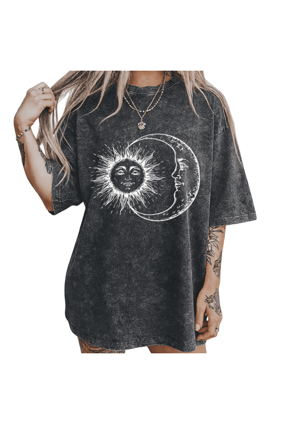Women's S-2XL Celestial Sun Moon Vintage Washed T-Shirt Short Sleeve Cotton Oversized Fit Tee