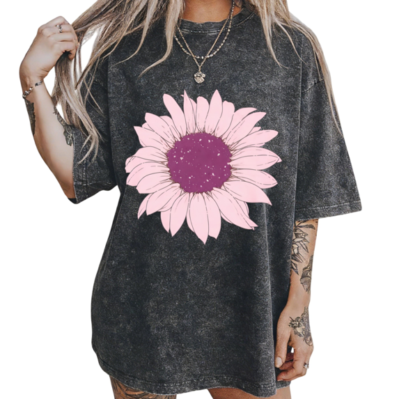 UNISHE Women's S-2XL Pink Sunflower Vintage Washed T-Shirt Short Sleeve Cotton Relaxed Fit Tee