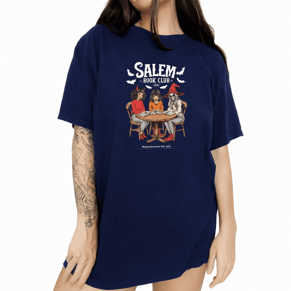 UNISHE Women's Salem Book Club 1692 Massachusetts Graphic Print T-Shirt Relaxed Halloween Witchy Short Sleeve Top