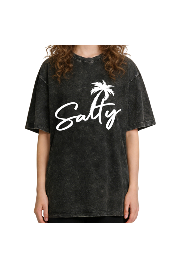Women's Salty Script Single Palm Tree Coastal Beach Vacation Graphic Washed T-Shirt Short Sleeve Distressed Relaxed Fit Tee