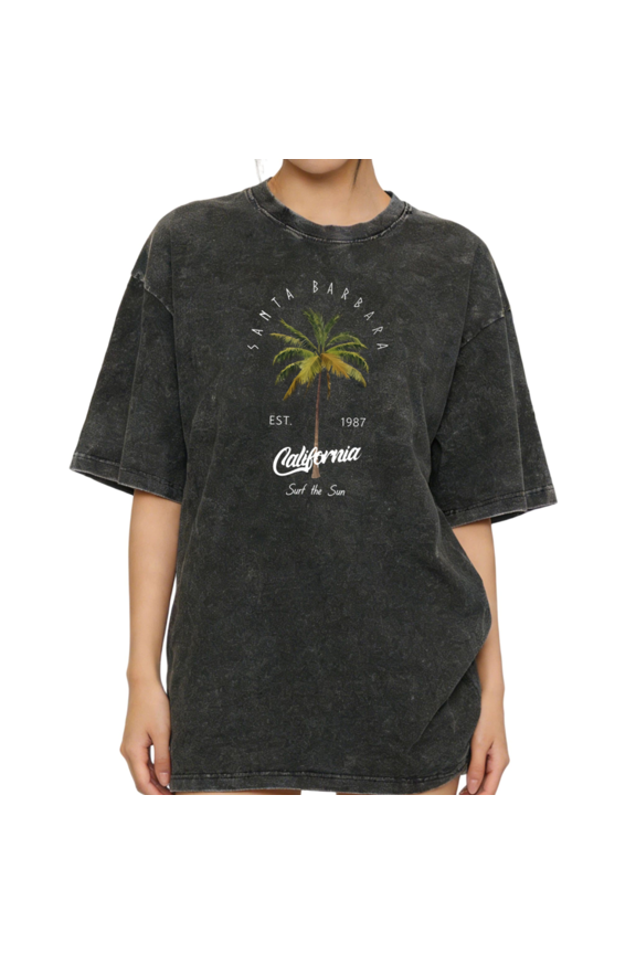 Women's Santa Barbara California EST 1987 Real Palm Tree Surf Theme Washed T-Shirt Short Sleeve Distressed Relaxed Fit Tee