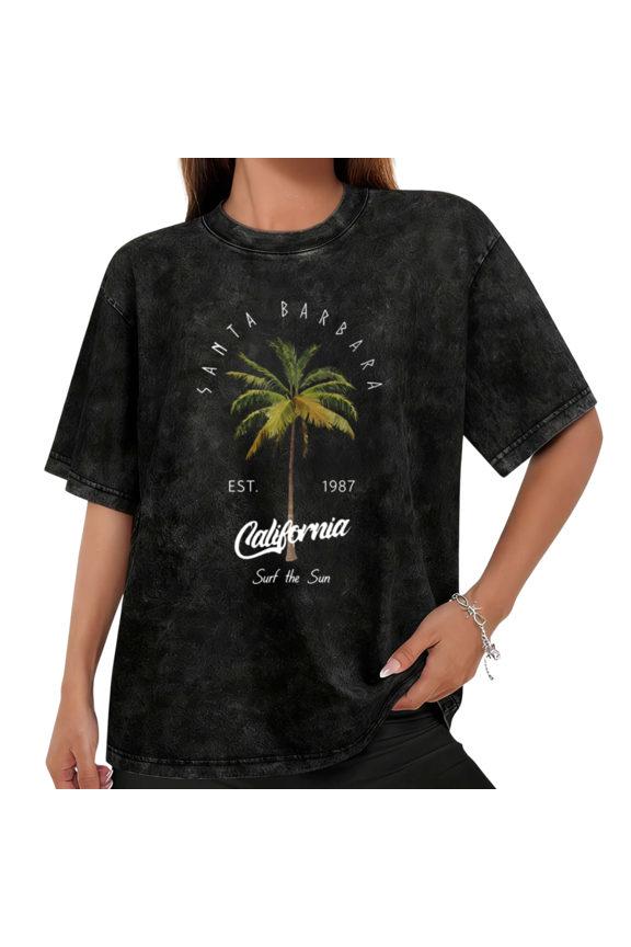 Women's Santa Barbara California EST 1987 Real Palm Tree Surf Theme Washed T-Shirt Short Sleeve Distressed Relaxed Fit Tee