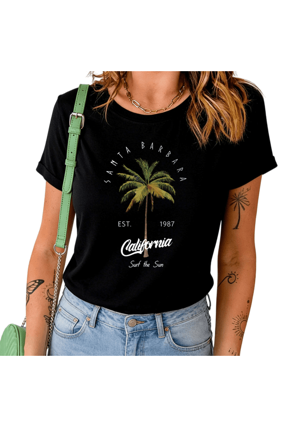 Women's Santa Barbara California Est 1987 Palm Tree Surf The Sun Beach Vacation Graphic Short Sleeve Crewneck Cotton Casual Top