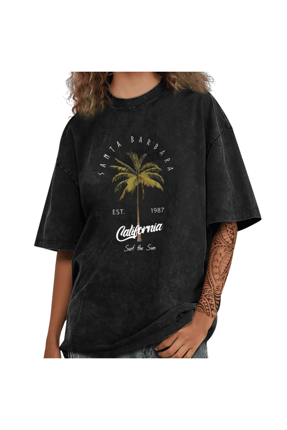Women's Santa Barbara California Palm Tree Surf The Sun Vintage Graphic Washed Short Sleeve T-Shirt Summer Tees