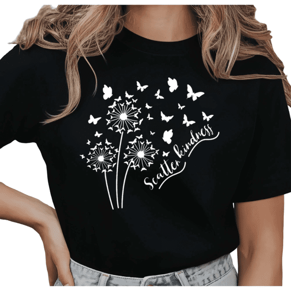 UNISHE Women's Scatter Kindness Dandelion and Butterflies Graphic Short Sleeve T-Shirt Casual Cotton Crewneck Top