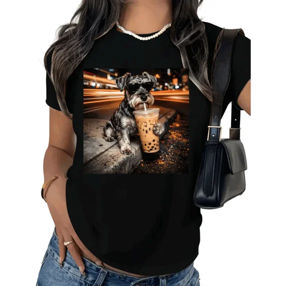 UNISHE Women's Schnauzer Bubble Tea Graphic Short Sleeve T-Shirt Soft Cotton Crewneck Pet Lover Top S-5XL