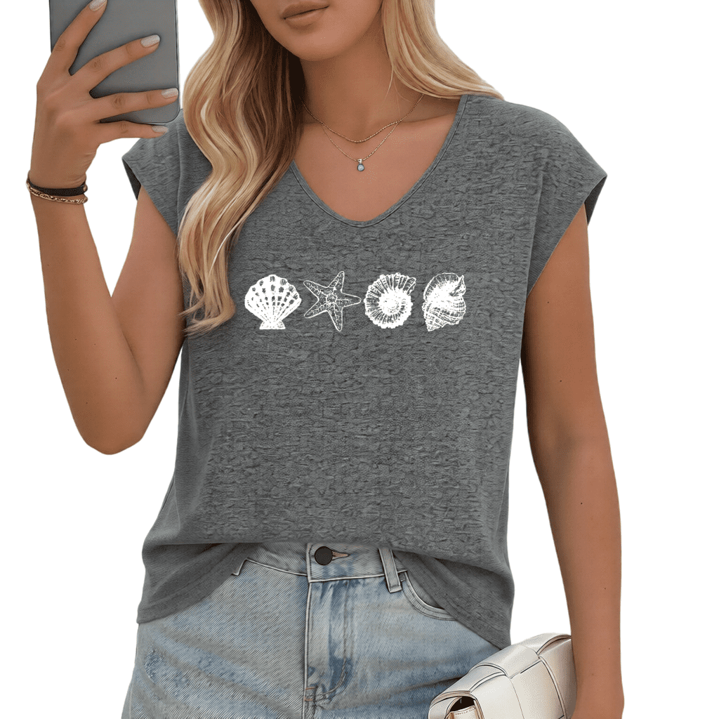 UNISHE Women's Seashell & Starfish Graphic V-Neck Sleeveless T-Shirt ...