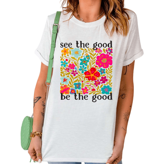 UNISHE Women's See the Good Be the Good Mexican Floral Graphic Short Sleeve Crewneck T-Shirt Inspirational Cotton Tee