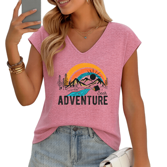 UNISHE Women's "Seek Adventure" Camping Graphic V-Neck Sleeveless T-Shirt Comfortable Summer Tank Top