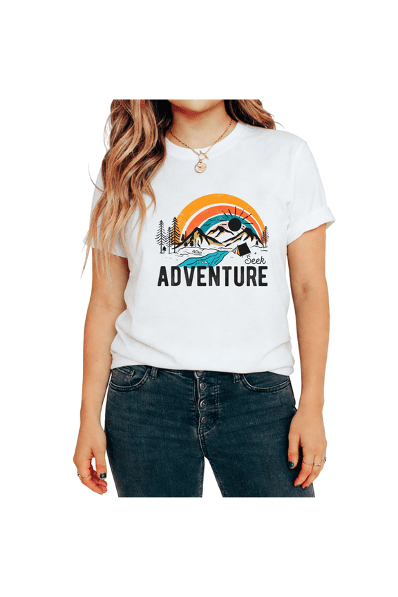 Women's Seek Adventure Retro Rainbow Mountain Camping Outdoor Nature Graphic Tops Short Sleeve T-Shirt Soft