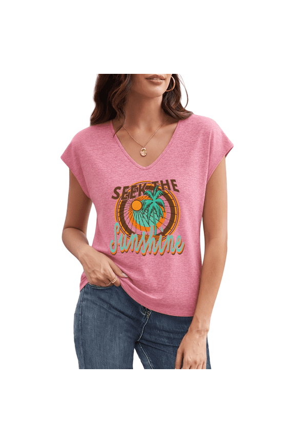 Women's Seek The Sunshine Retro Palm Tree Sun Tropical Beach Graphic V Neck Sleeveless T Shirt daily wear Tops