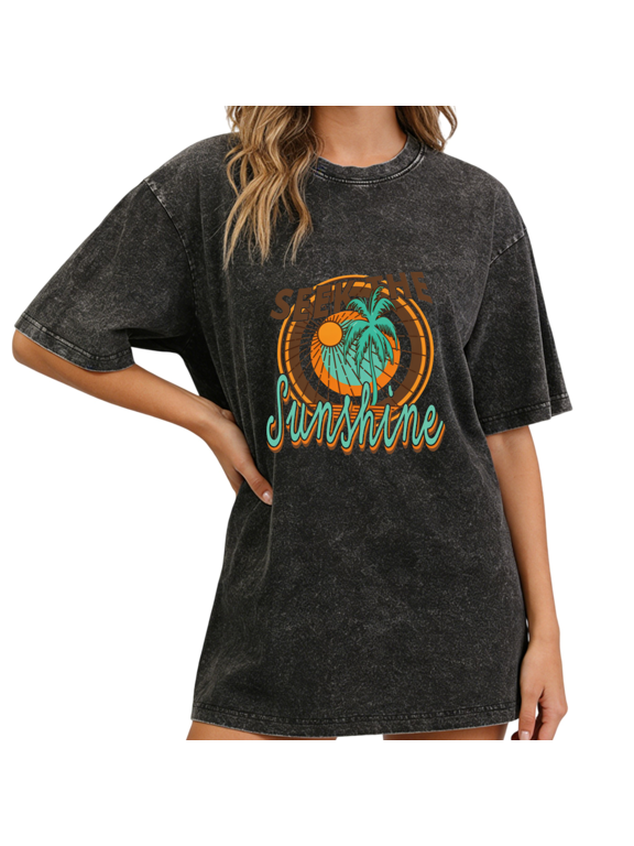 Women's Seek The Sunshine Vintage Washed T-Shirt Short Sleeve S-2XL Crewneck Relaxed Fit Tee