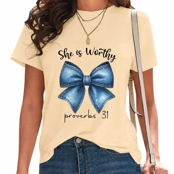UNISHE Women's She Is Worthy Graphic Tee Aesthetic Western Ribbon Casual Top Beige, L