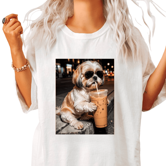 UNISHE Women's Shih Tzu Lover Trendy Eyewear Dog And Boba Drink Graphic Short-Sleeve T-Shirt White Size S-5XL Crewneck Tops